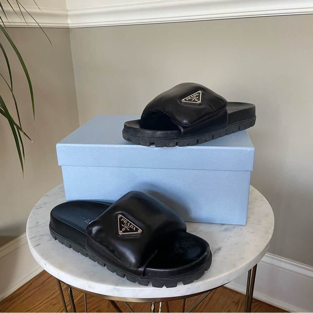 Prada Soft Padded Nappa Leather Slides Black - Picture 3 of 15